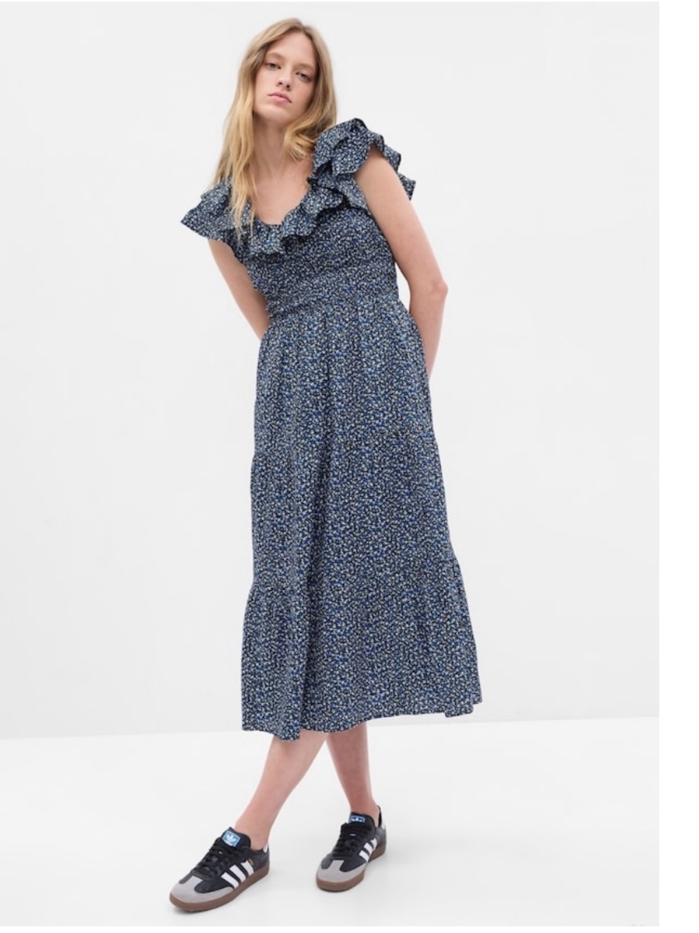 NWT GAP Blue Smocked Off-the-Shoulder Midi Dress US Size S